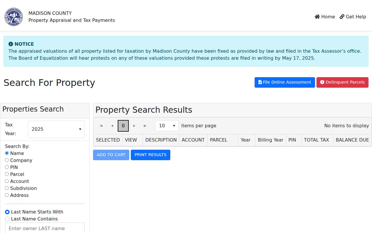 Madison County property tax search portal for Huntsville properties