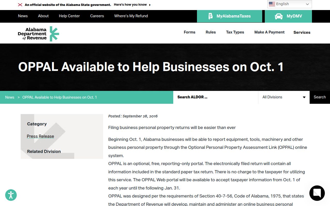 Alabama OPPAL online filing system for business personal property