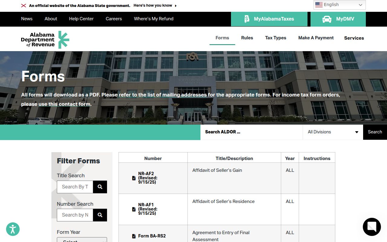 Alabama Department of Revenue forms page for property tax